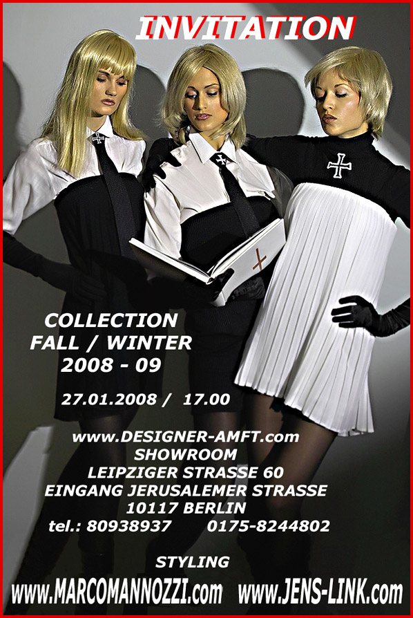 Invitacin y billete de diseador de moda alemn Torsten Amft`s otoo / invierno 2008 - 2009 tendencia coleccin de moda bajo el lema `moderno templarios` durante la Semana de la Moda de Berln - grfico: Mark van Straaten