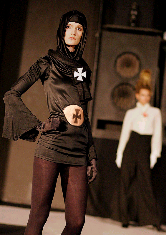 The fashion model Franziska Scheffer poses in a black avant-garde dress of luxury jersey from German fashion designer Torsten Amft`s fall / winter 2008 - 2009 trend collection at Berlin Fashion Week - photo: Jens Kalaehne - dpa